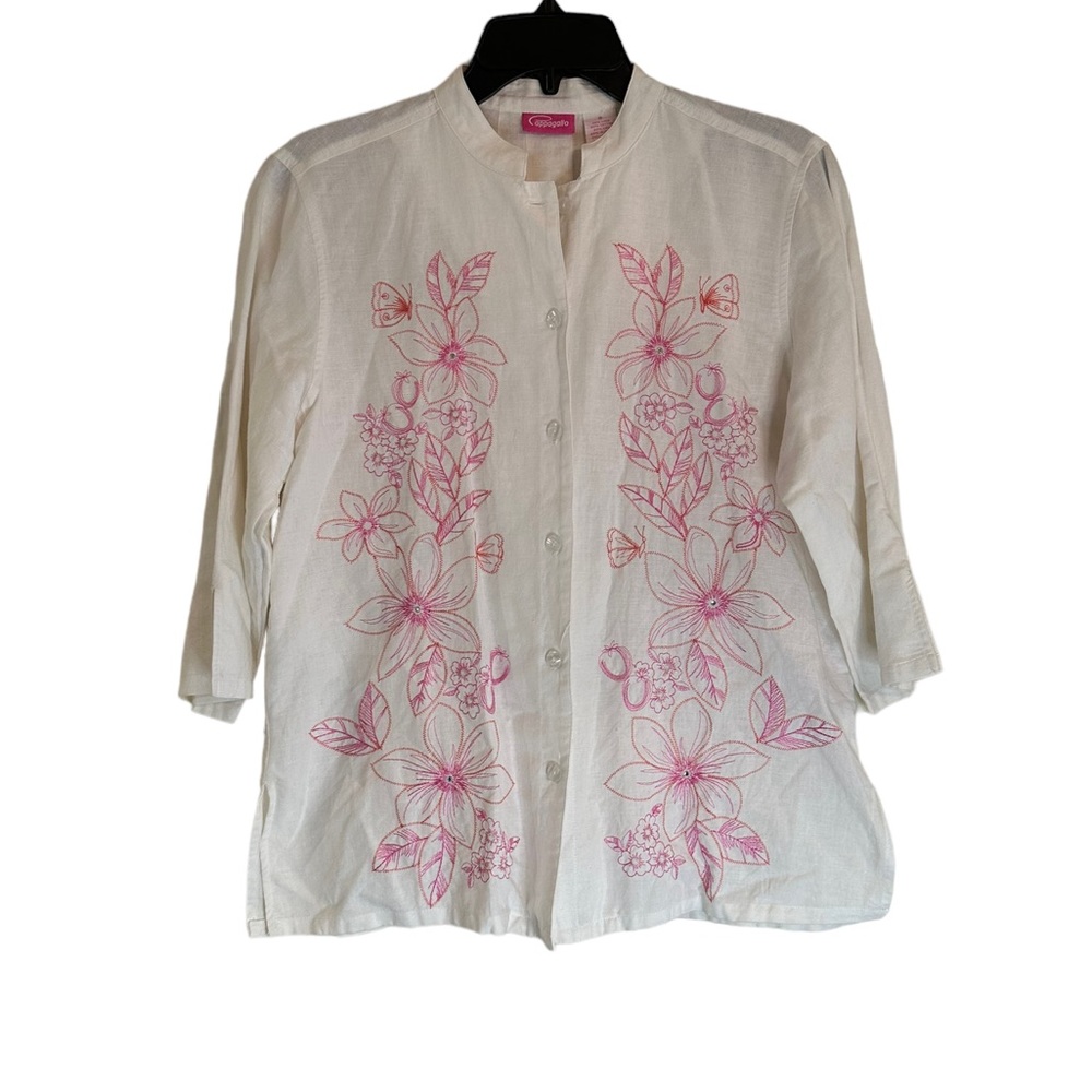 Cappagalla Linen Blend Coastal Grandma Women's Floral Button Up Size Small